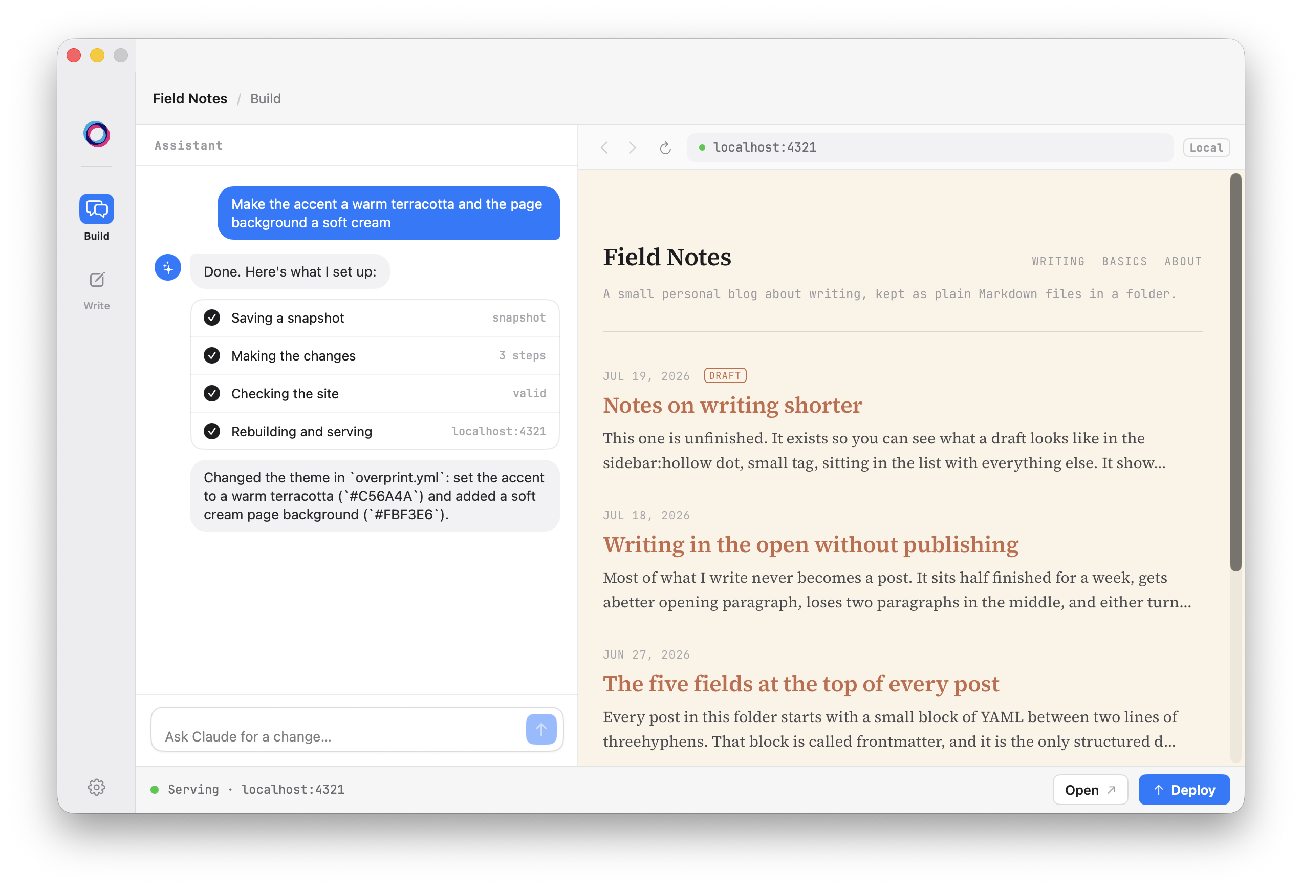 Build mode: a chat asking for a warm terracotta accent and a soft cream background, applied and visible in the live preview