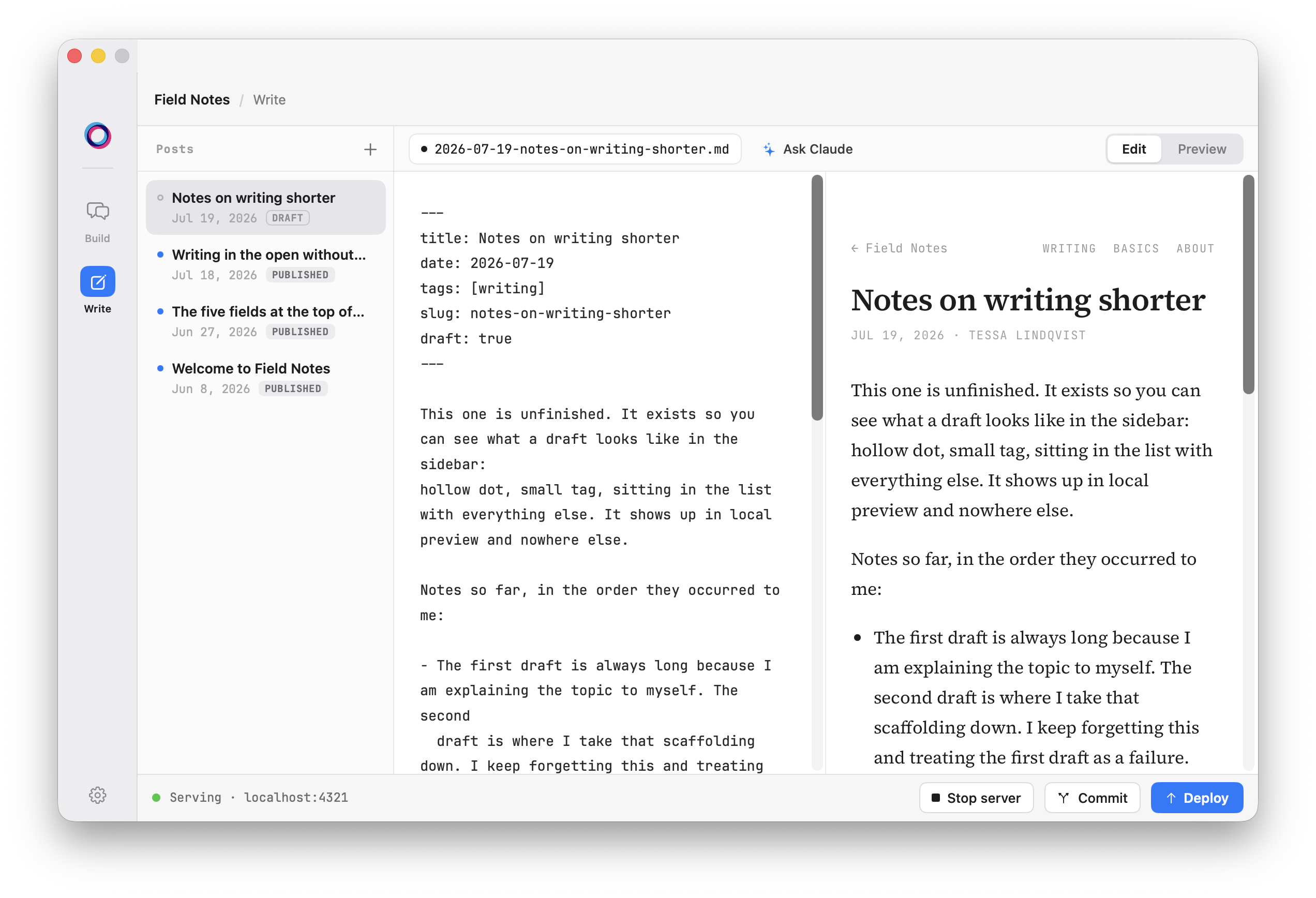 Overprint with a post open: the posts list, the Markdown editor, and a live preview