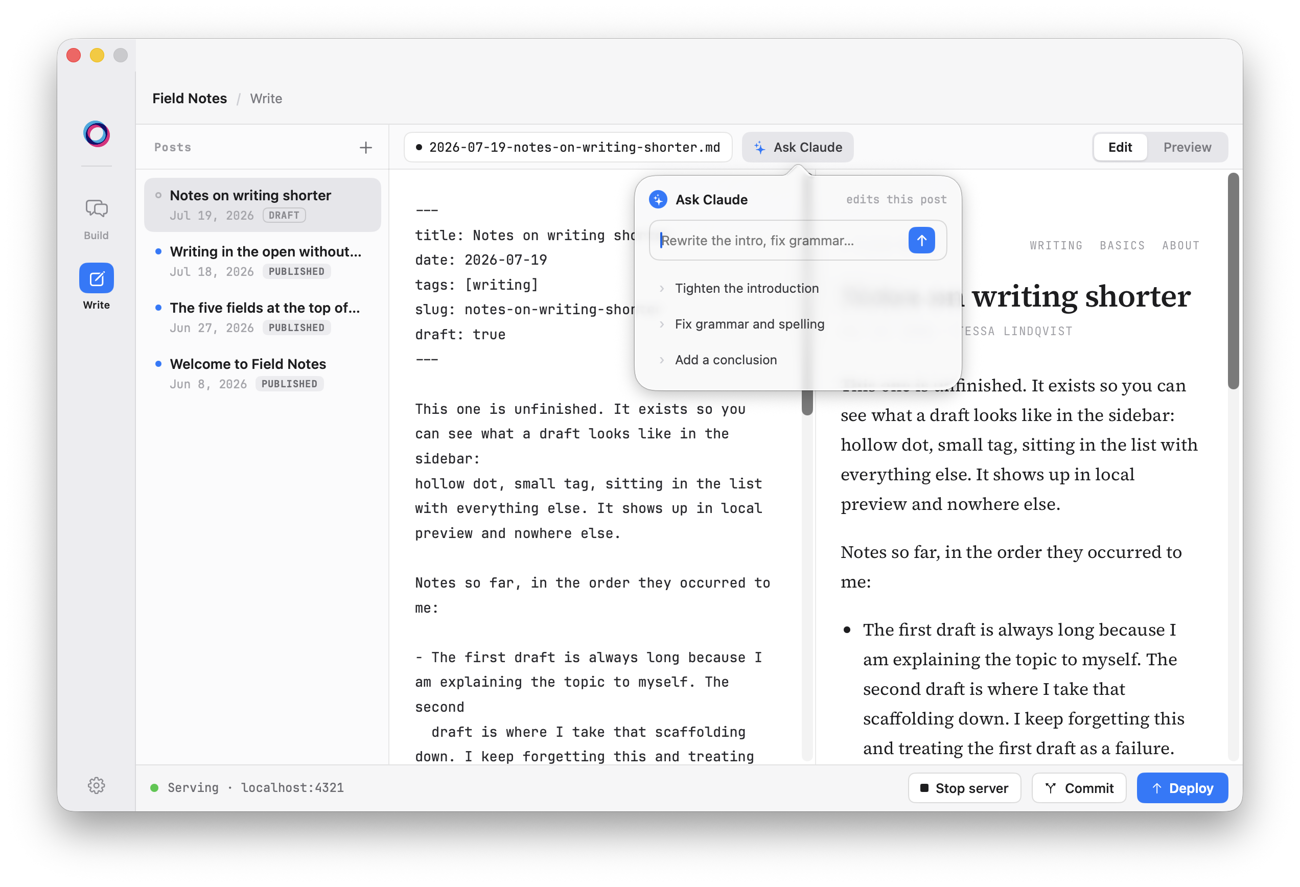 Write mode with the Ask Claude popover open over the current draft